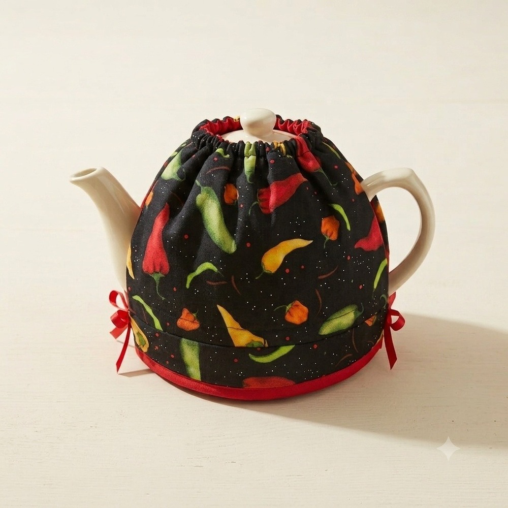 Handmade Chili Pepper Fabric Tea Cozy‎ Black Red Drawstring Teapot Cover Warm